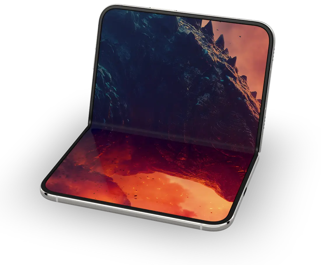 iPhone Duo seated on a desk like a small laptop, Apocalyptic Titan wallpaper with the titan rising over the fold